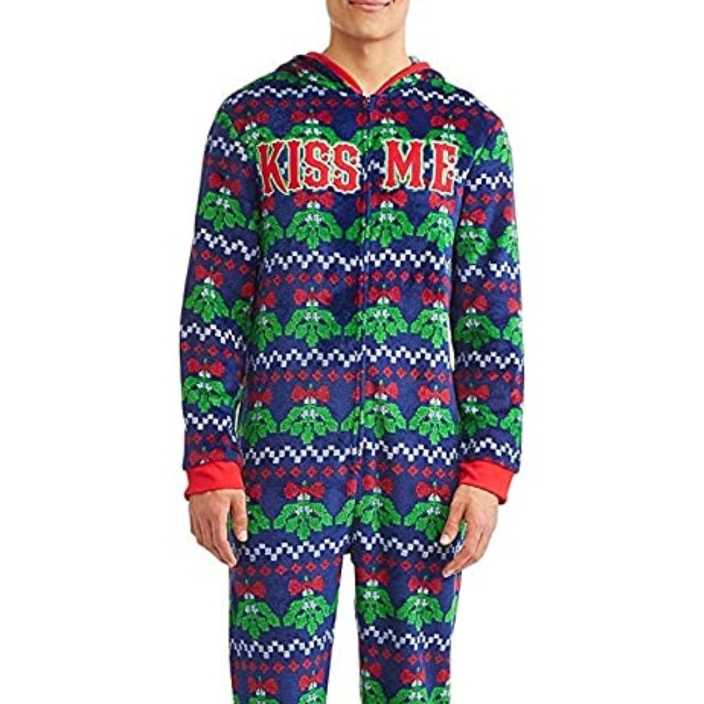 Christmas Holiday Tacky Kiss Me Mistletoe 1 Piece Hoodie Plush Fleece PJ's sz XL